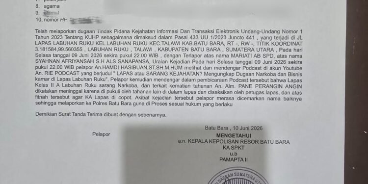 Kalapas Labuhan Ruku Laporkan Dugaan Pencemaran Nama Baik Lewat Podcast YouTube ke Polres Batu Bara