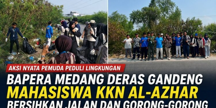 Bapera Medang Deras Gandeng Mahasiswa KKN Al-Azhar Bersihkan Jalan dan Gorong-Gorong